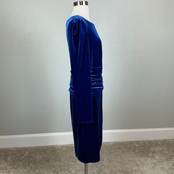 Velvet Long Sleeve Cocktail Dress Blue Size 10 Ralph Lauren Side Slit Sheath - Picture 3 of 14